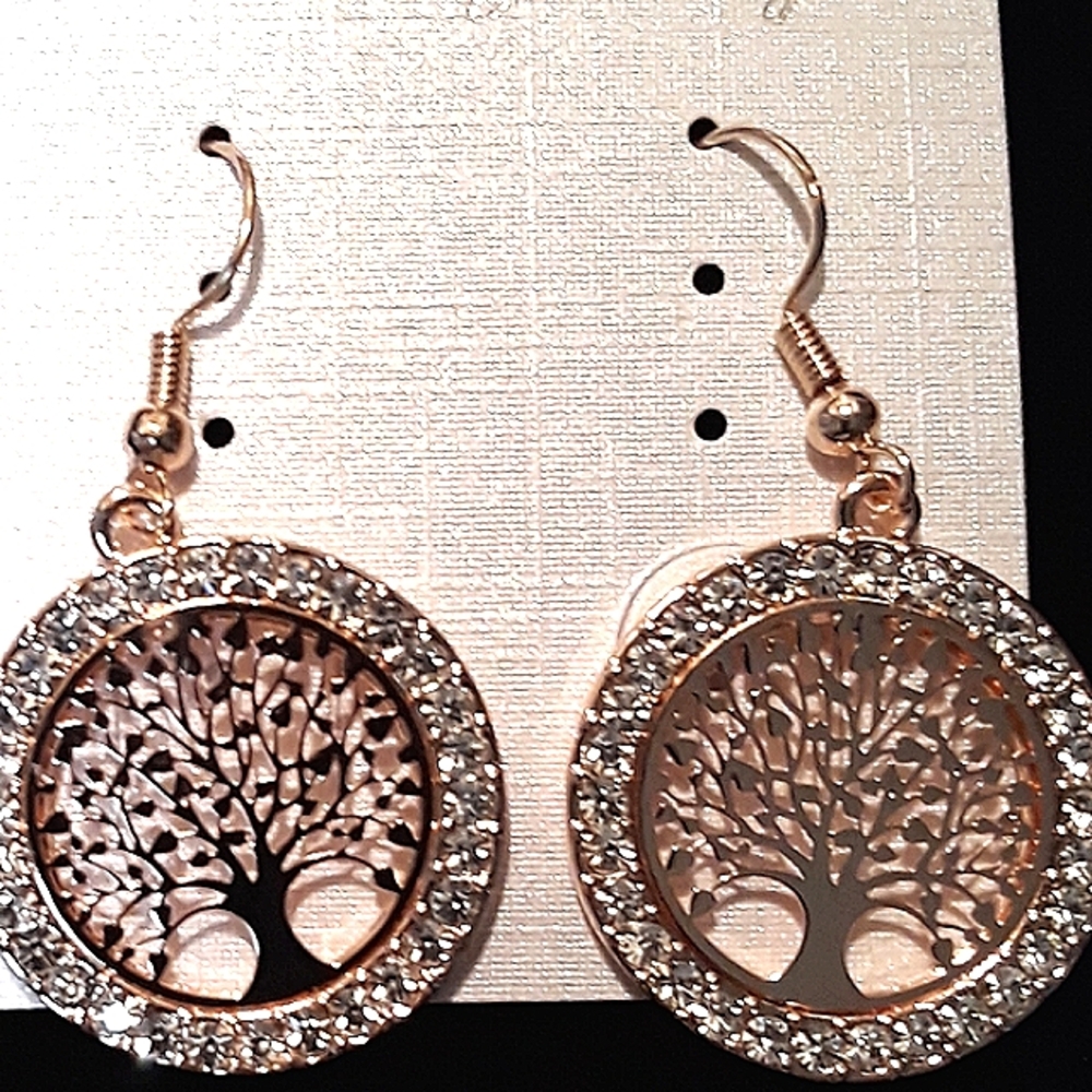 NWT Rose Gold Crystal Tree of Life Dangle Earrings Rhinestones accents NEW